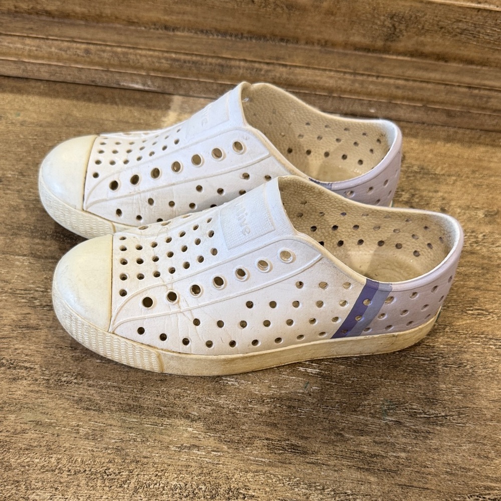 Native Shoes Kids White Slip-On Sneakers with Lilac Stripe